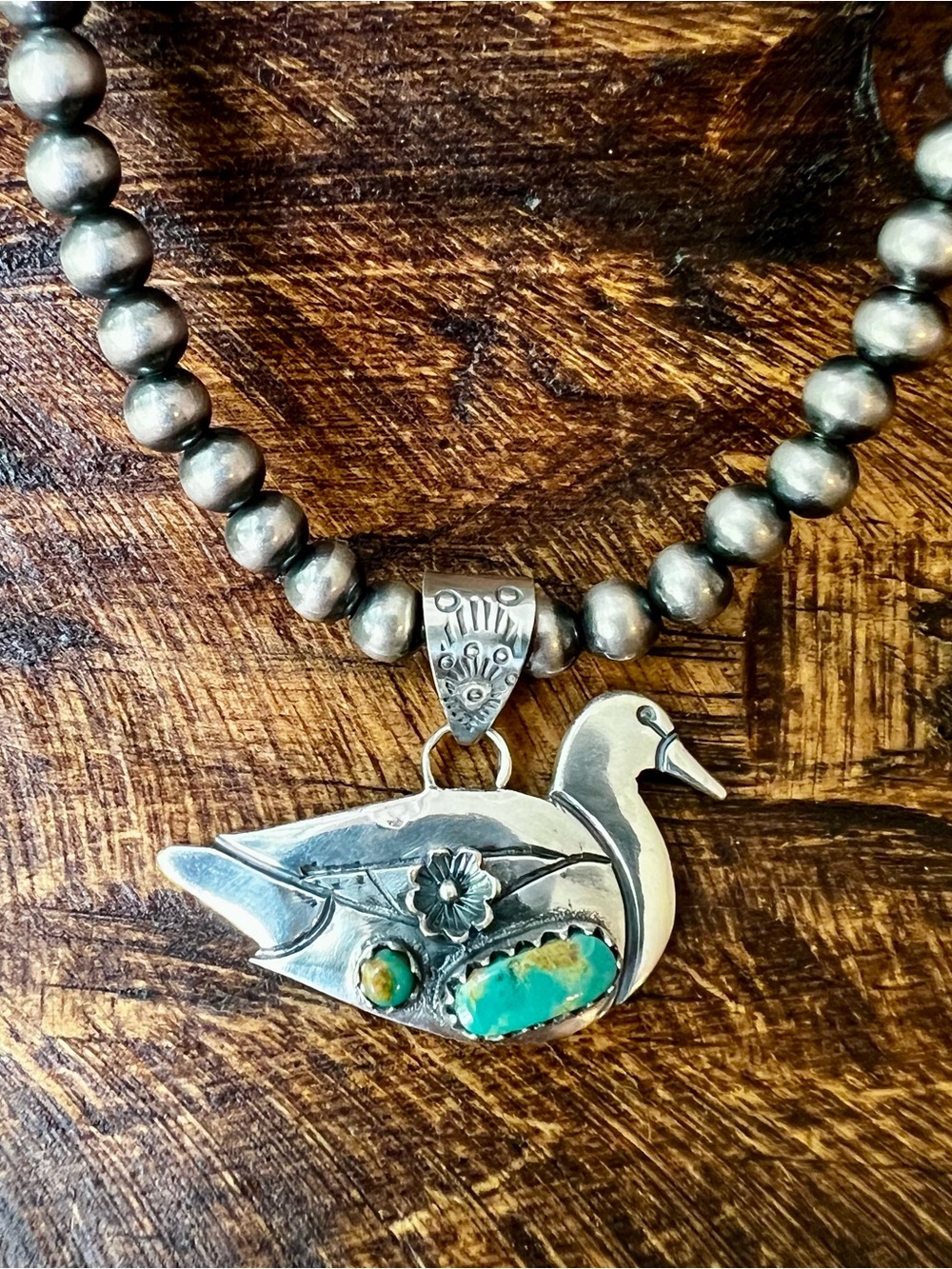 Sterling Silver Kingman Turquoise Duck Pendant - Picture 2 of 10